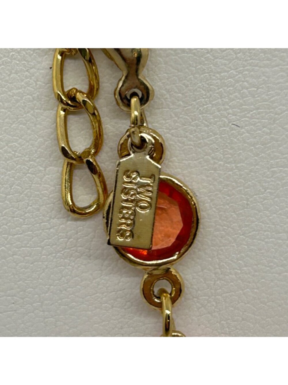 Vintage Two Sisters Signed Pink Faux Pearl Bezel Gold Tone Station Long Necklace - Picture 5 of 12